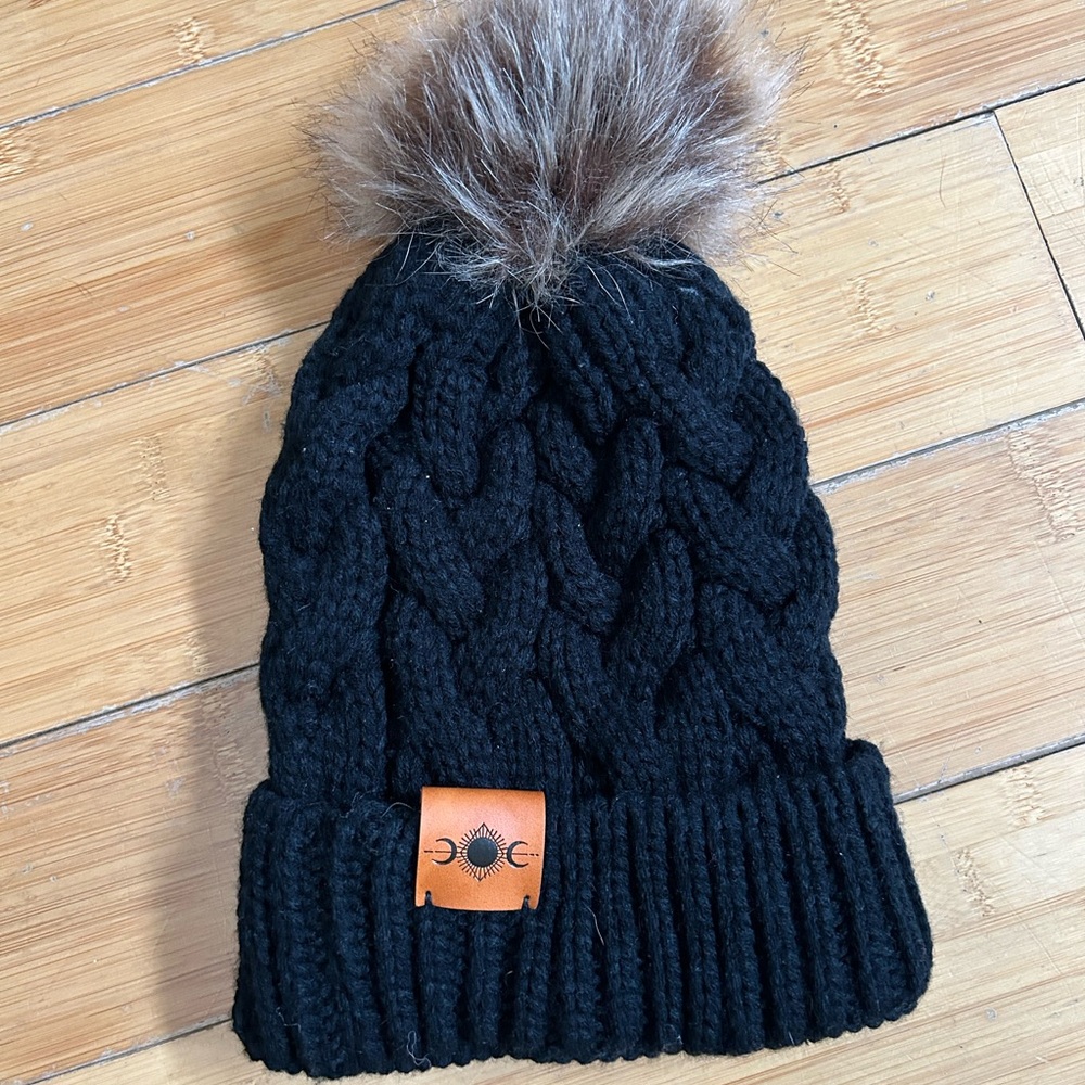 Black Knit Pom-Pom Beanie for Women